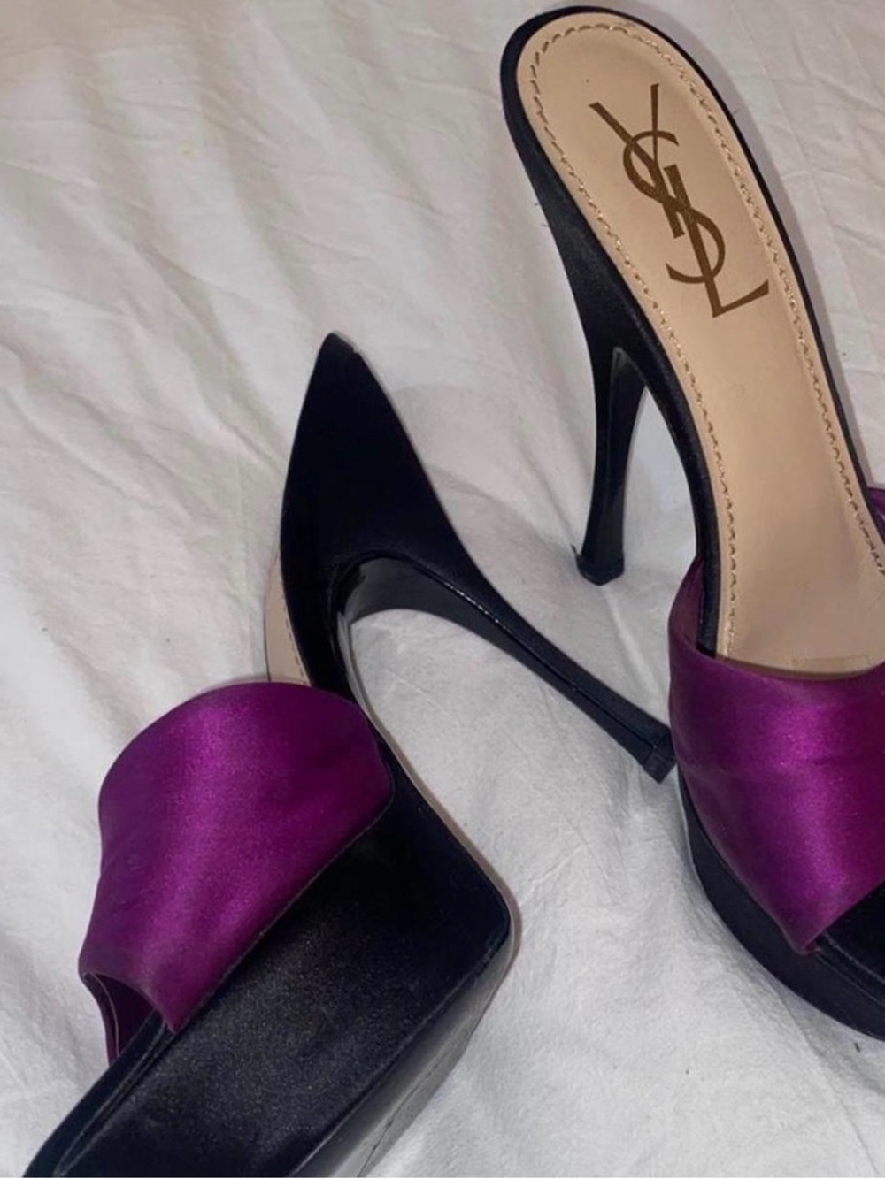 Yves Saint Laurent Black Patent Pointed Stiletto Mules with Purple Satin Strap